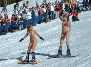 ビキニでスキーする美女たち
