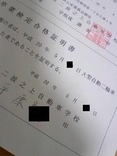 卒検合格証